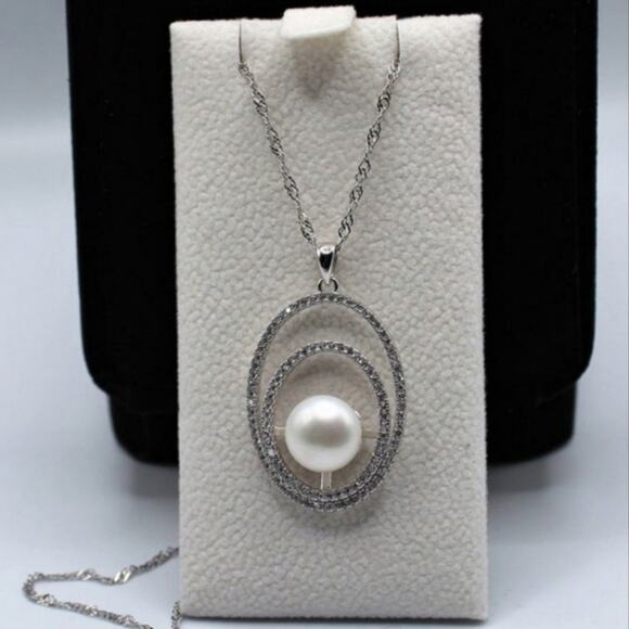 Natural Freshwater Pearl Necklace Pendant Double Layer Circle Zircon Silver NWT - Picture 4 of 11